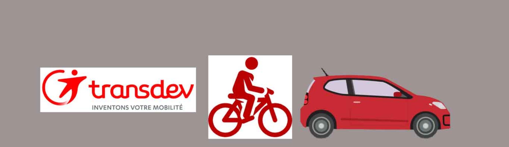 logo et dessin : Transdev -société de transport en commun d'ile de France, dessin d'une personne à vélo et une voiture rouge